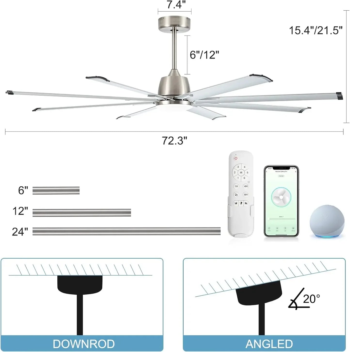 72" Masxlas Smart Industrial Ceiling Fan w/Light and Remote Control, 8 Aluminium Blades