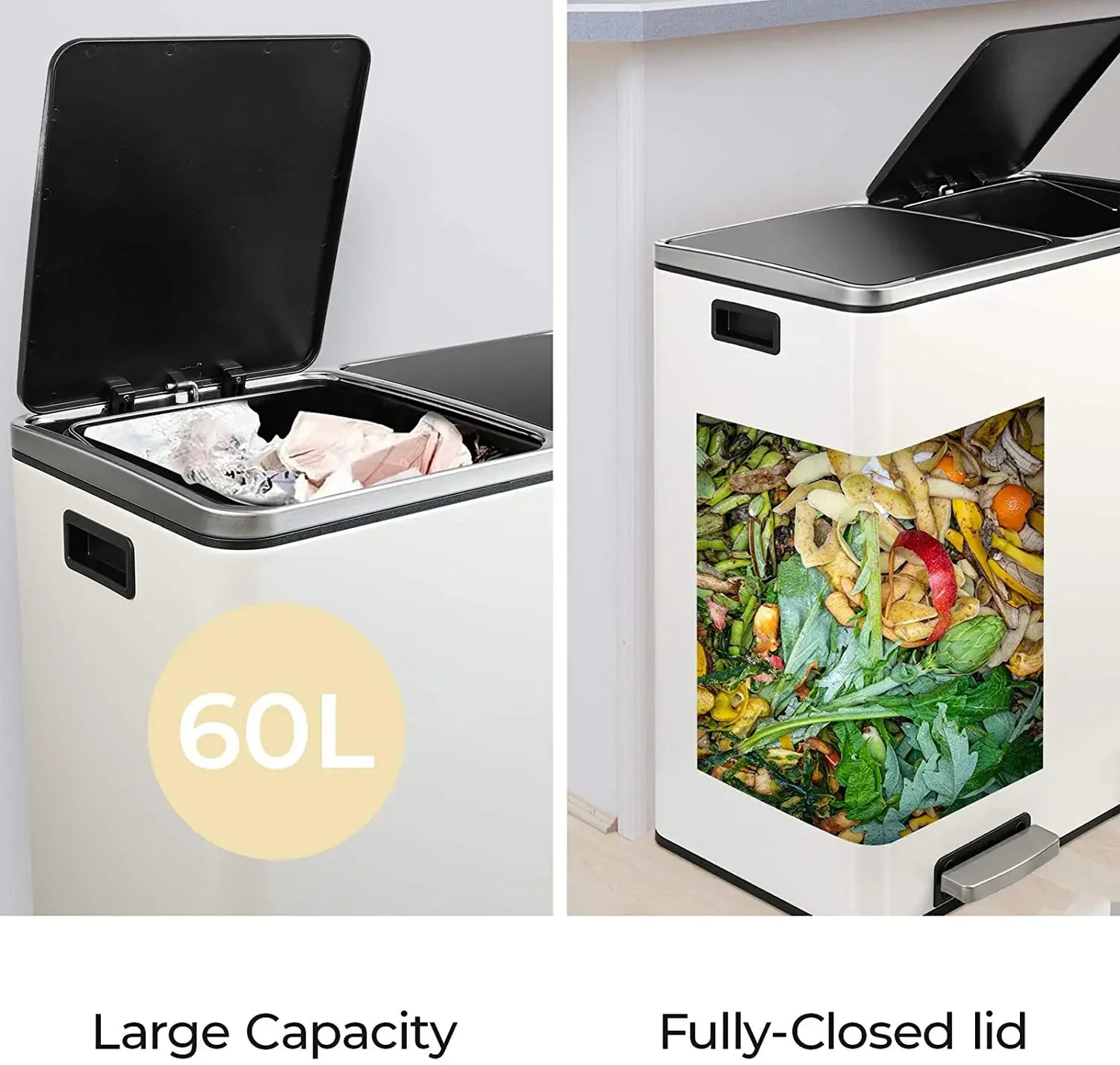 60L/16Gal Hands-Free Dual Compartment Kitchen Step Trash Can/Soft-Close Lid Brushed Stainless Steel