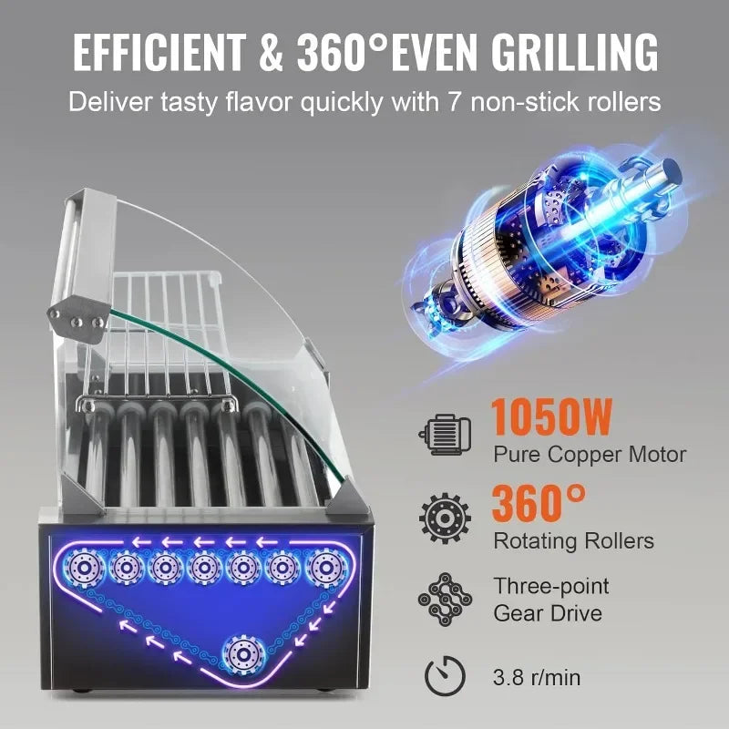 Hot Dog Roller 7 Rollers 18 Hot Dogs Capacity 1050W Stainless Sausage Grill Cooker Machine