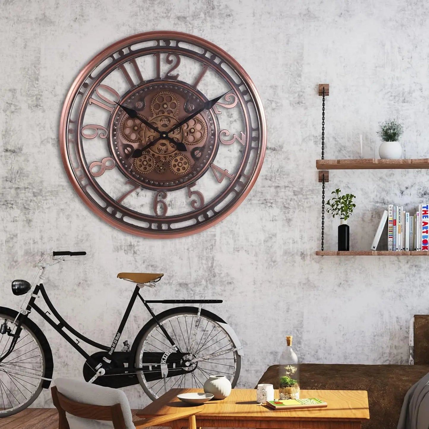 21 Inch Industrial Big Metal Gold Wall Clock for Living Room Decor, Office, ,Antique Bronze Copper