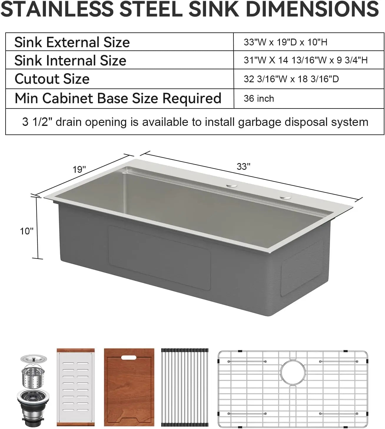 304 Stainless Steel 33 Inch Drop In Kitchen Sinks Single Bowl Kitchen Sink