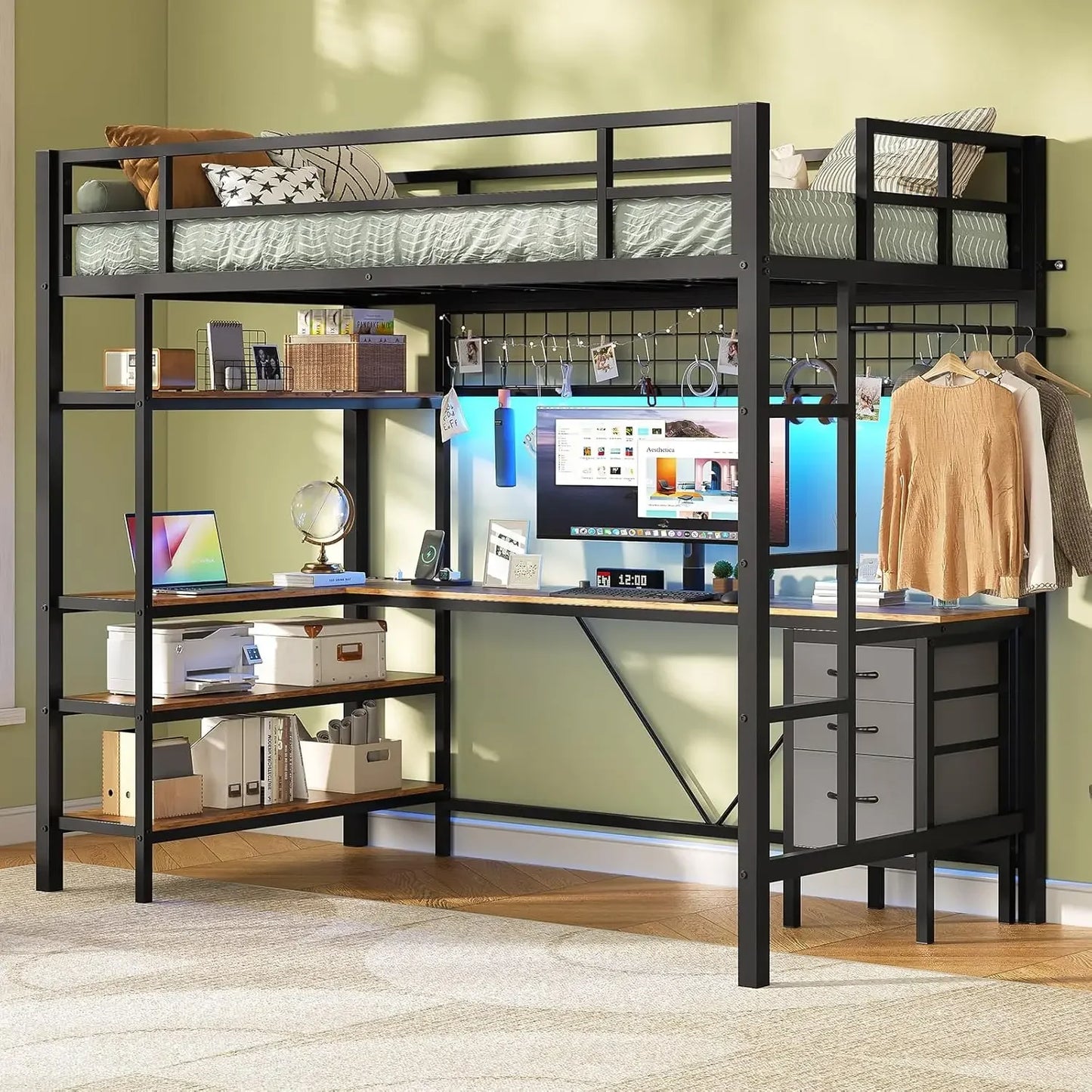 Bunk Beds Loft Bed Twin Size L-Shaped Desk/Charging Station & LED Lights 4-Tier Bookshelf & 3 Drawer