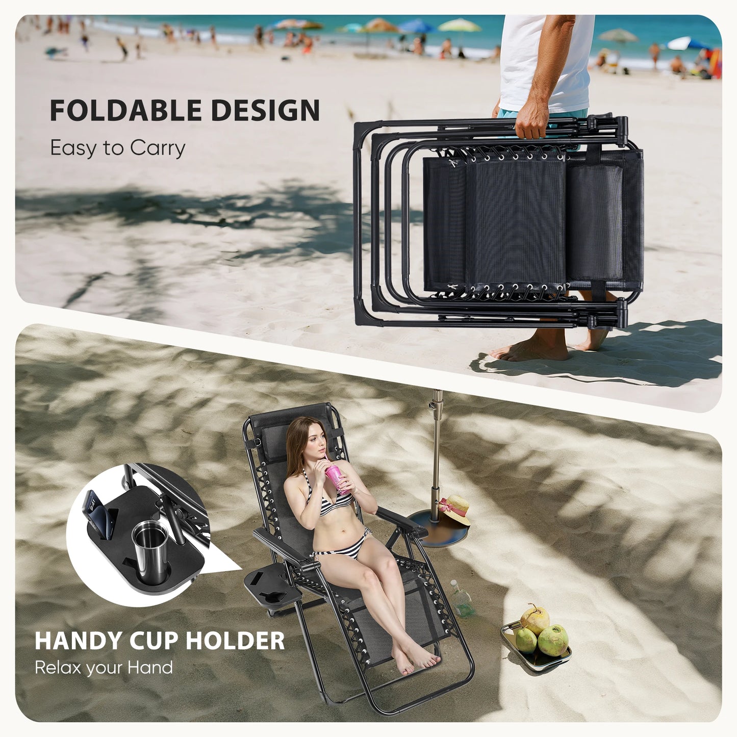 JHK Portable Zero Gravity Recliner Chairs Set of 2 Outdoor Garden Folding Lounge Chair Cup Holder