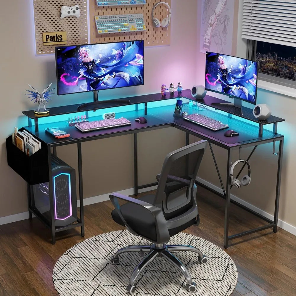 L Shaped Gaming Desk w/Power Outlets & LED Lights, Computer Desk w/Monitor Stand & Shelf