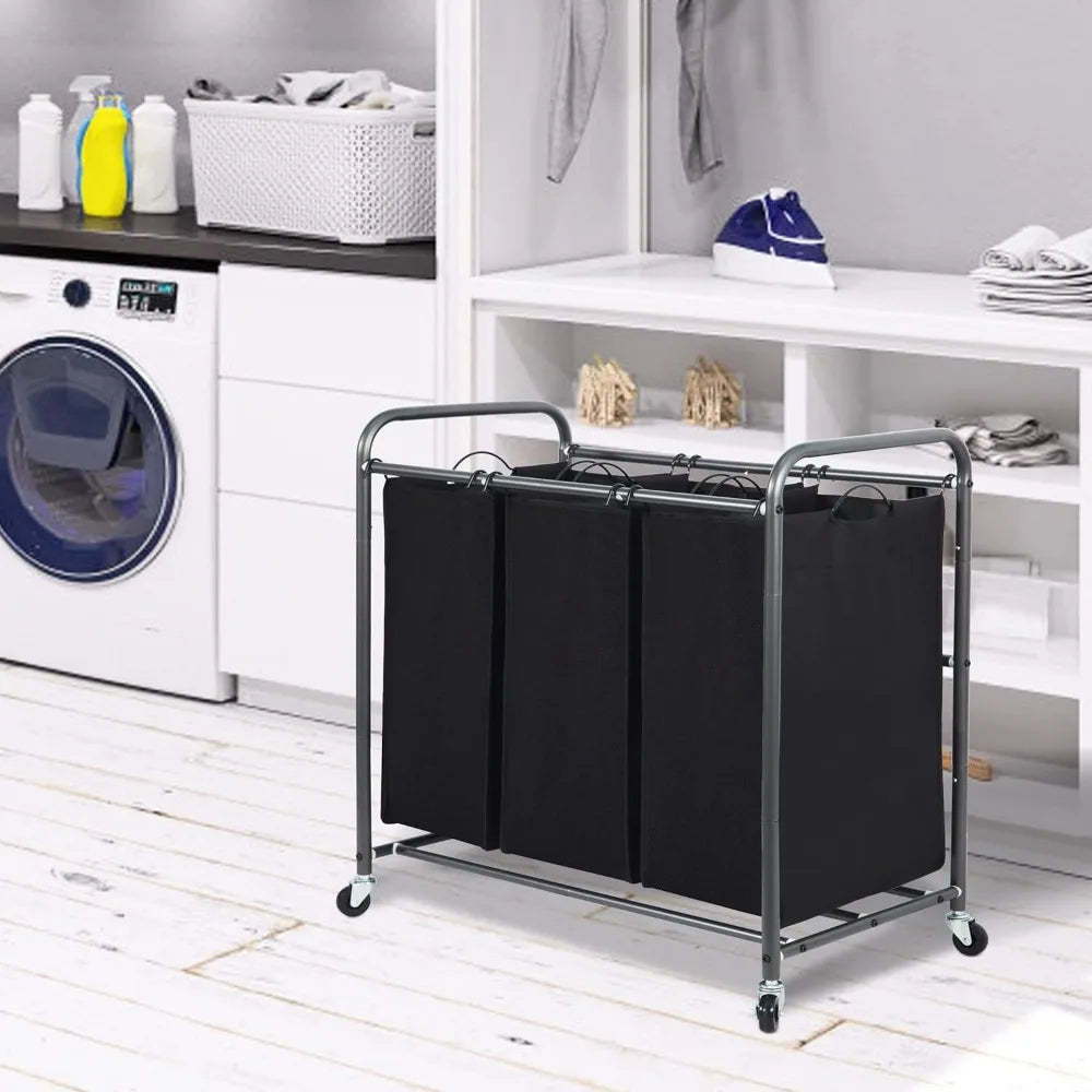 STORAGEMANIAC 3 Section Laundry Sorter, 3 Bag Laundry Hamper Cart w/Heavy Duty Rolling Wheels