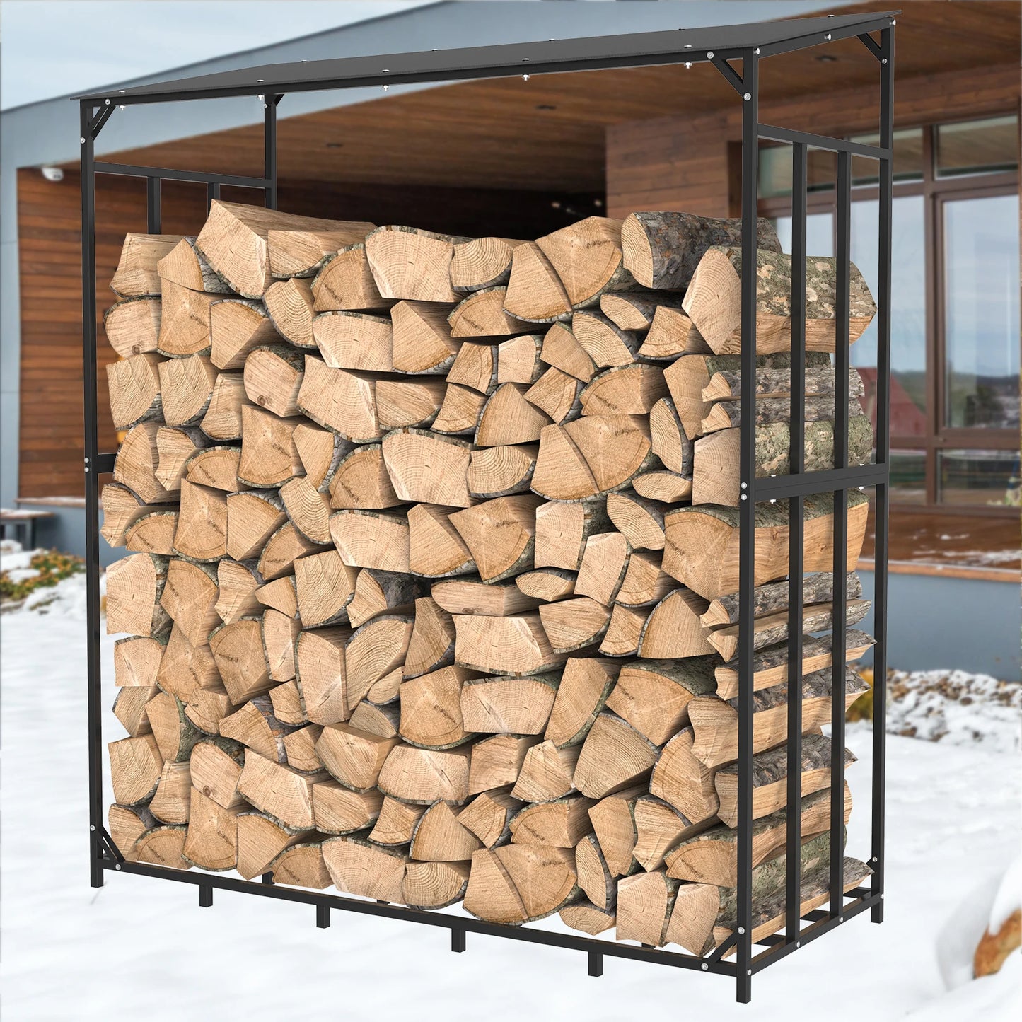 Heavy Duty Tall Metal Firewood Rack Stand with Top Cover Fireplace Wood Storage Stacking Holder