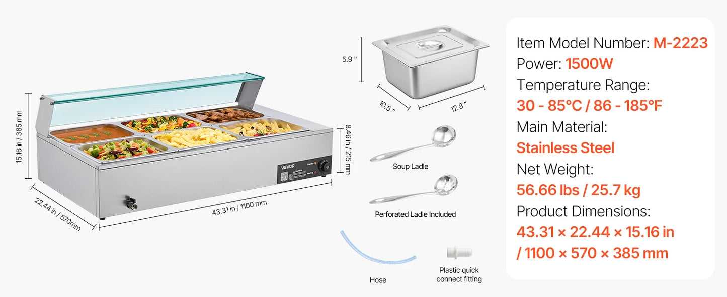 SucceBuy Commercial Food Warmer Electric Stainless Steel Steam Food Warmer with Glass Cover