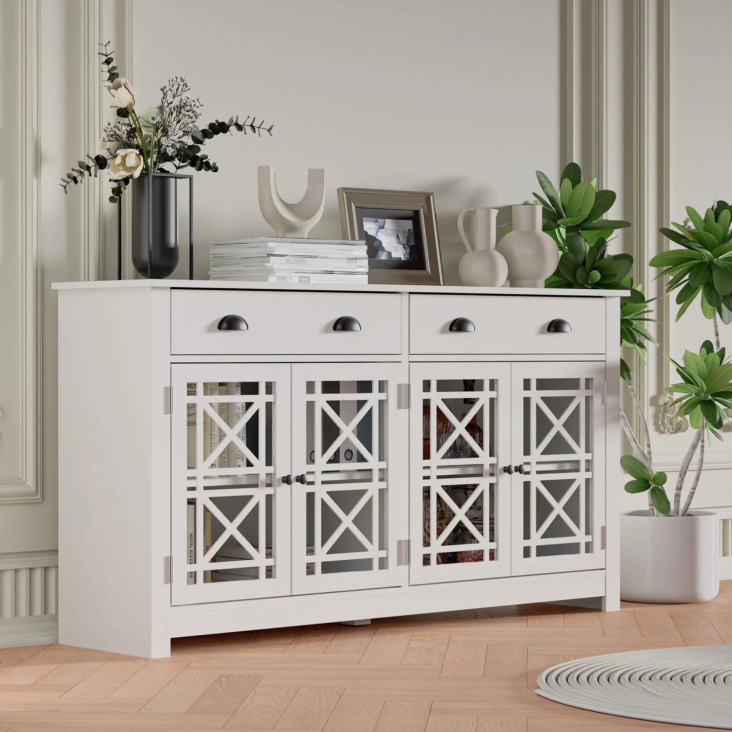 Modern Buffet Cabinet w/Drawers, Wood Sideboard Buffet Cabinet w/4 Acrylic Glass Doors