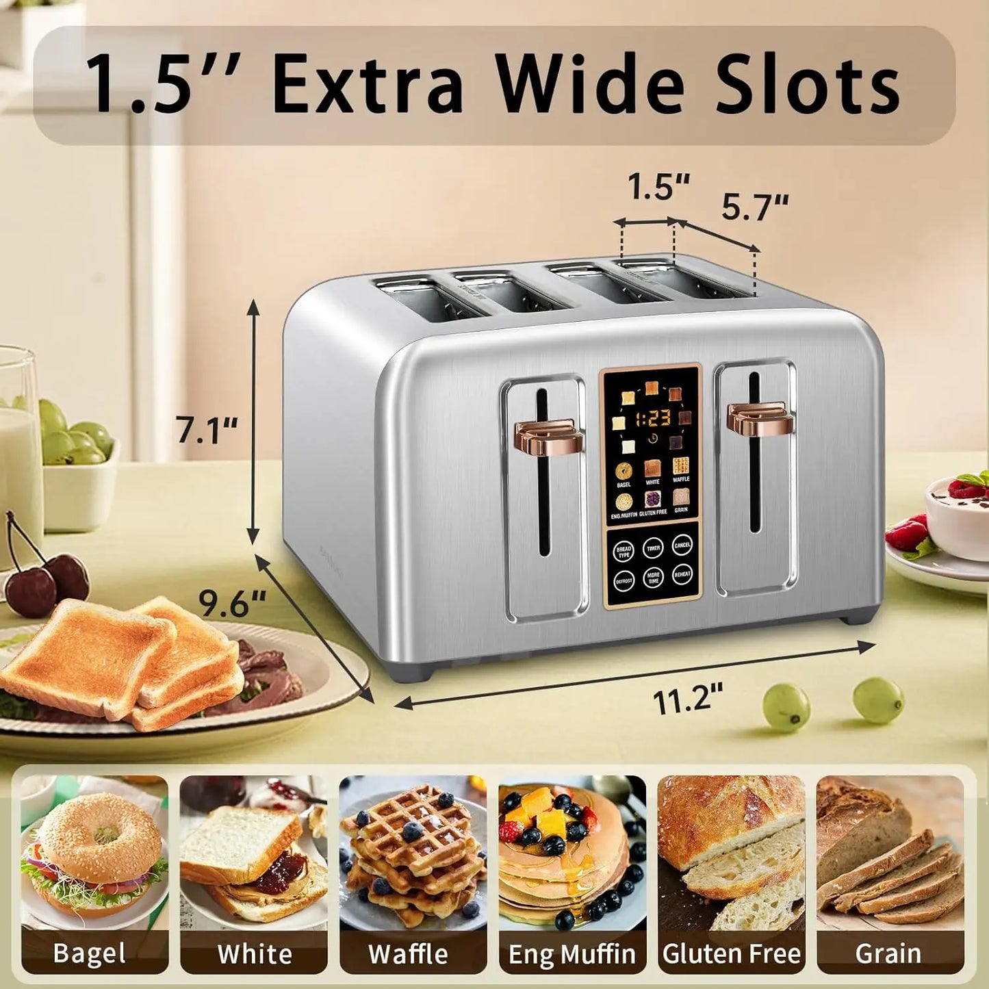 Stainless Toaster LCD Display & Touch Buttons, 6 Bread Selection, 7 Shade Settings, 1.5''Wide Slots