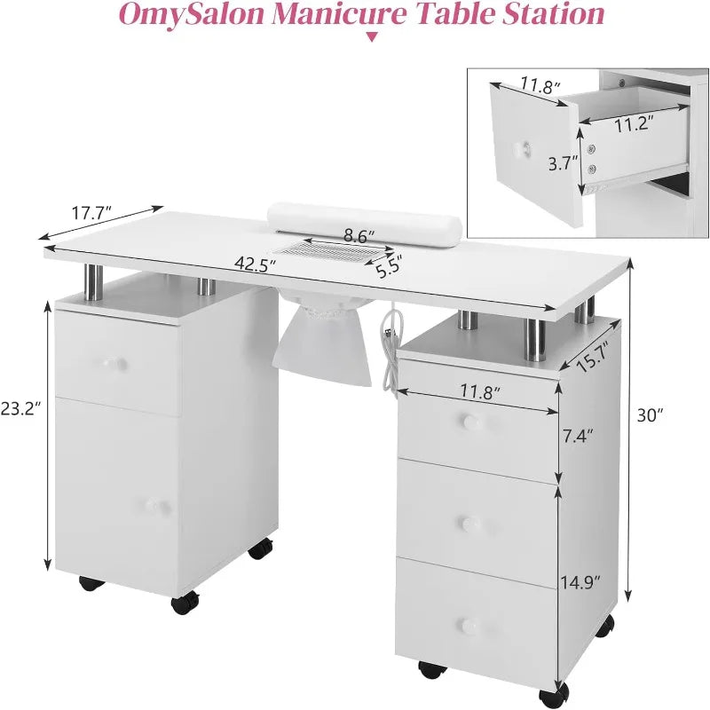 Manicure Table Desk for Tech, Table Station w/Electric Dust Collector, Makeup Storage