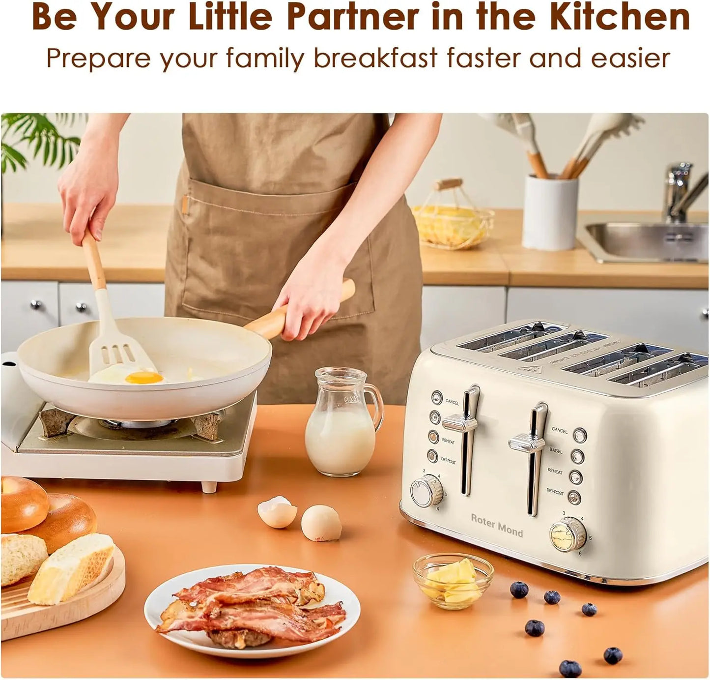 ROTOR MOND Toaster 4 Slice Retro Stainless Steel w/Extra Wide Slots Bagel, Defrost, Reheat Function