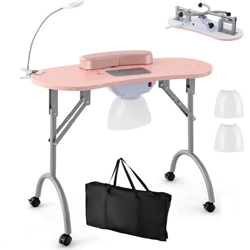 Portable Nail Table, Foldable Nail Technician Desk w/Electric Dust Collector, Bendable LED Lamp