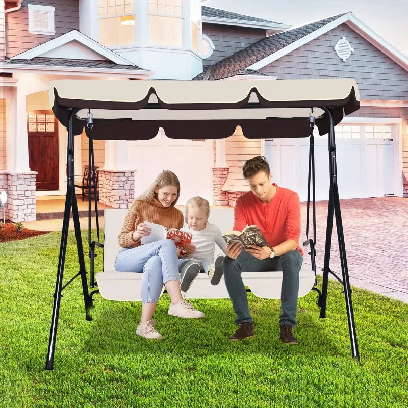 Raysfung 3-Seat Patio Swing Chairs w/Tilt Canopy & Durable Steel Frame Porch Swing Removable Cushion