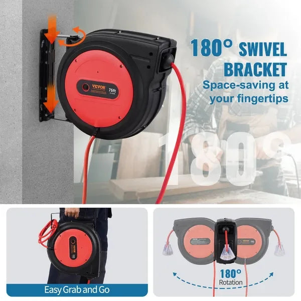 Retractable Extension Cord Power Cord 75FT 14AWG/3C SJTOW