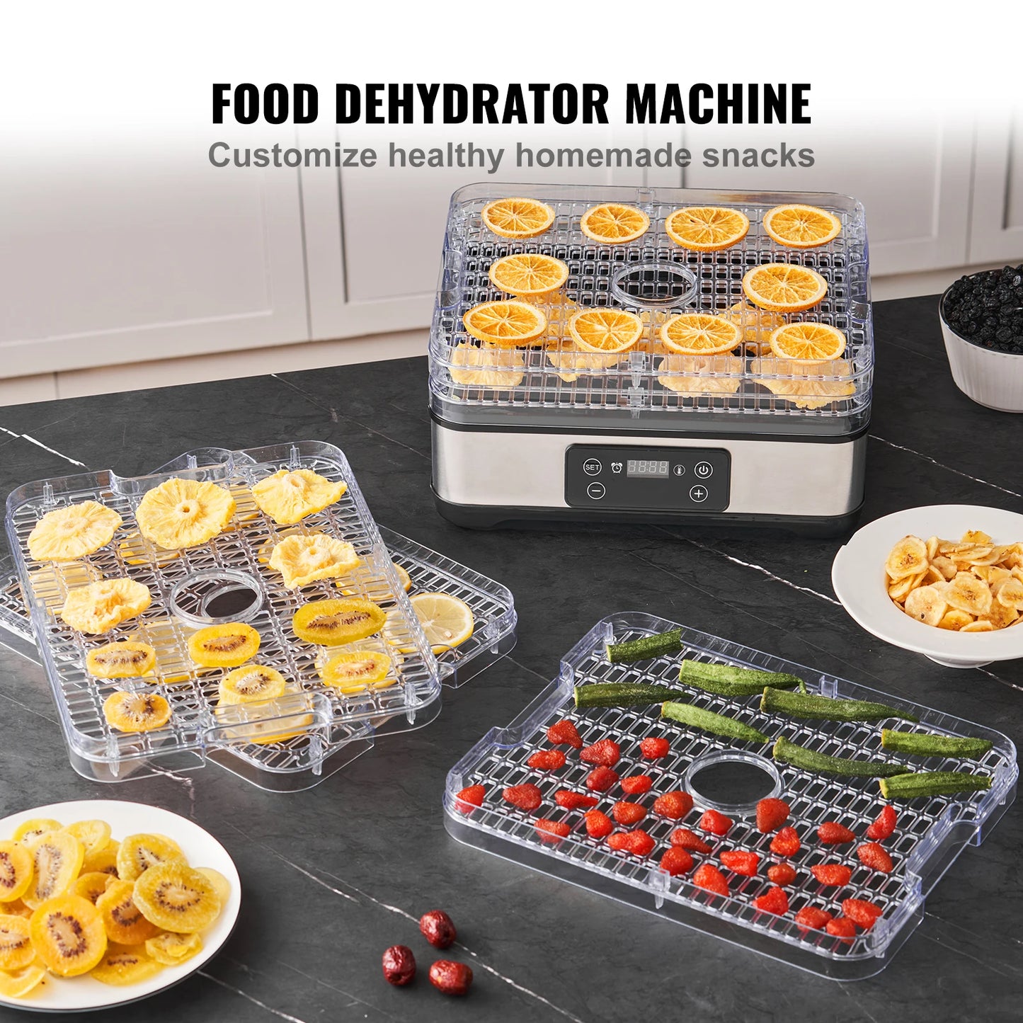 SucceBuy 5 Tray Food Dehydrator Machine 300W Stainless Steel Electric Food Dryer/Digital Adjustable