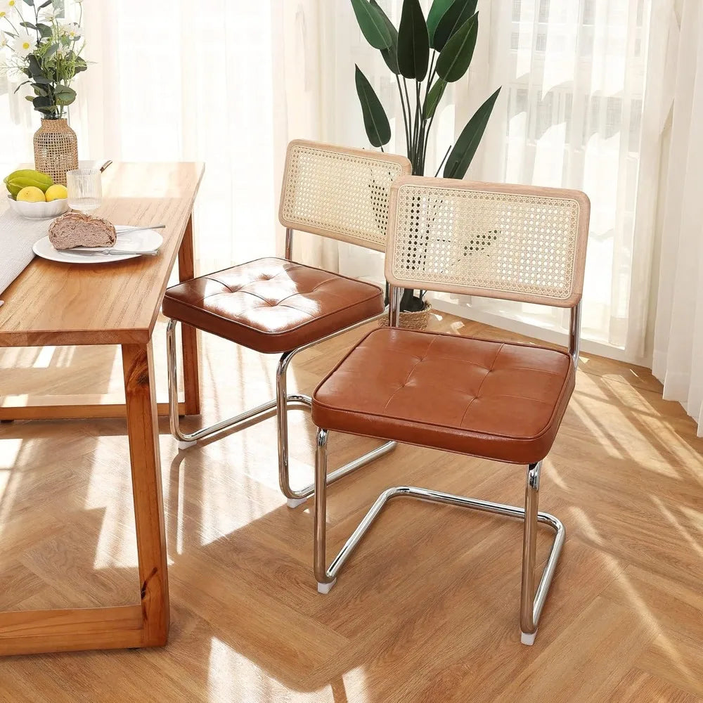 Upholstered Brown Leather Chairs, 2 PCS Rattan Dining Chairs w/Rubber Wood Back Frame & Metal Legs