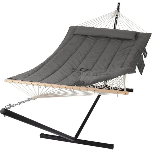 Double Outdoor Hammock with Stand, Two Person Cotton Rope Hammock with Polyester Pad, Dark Gray