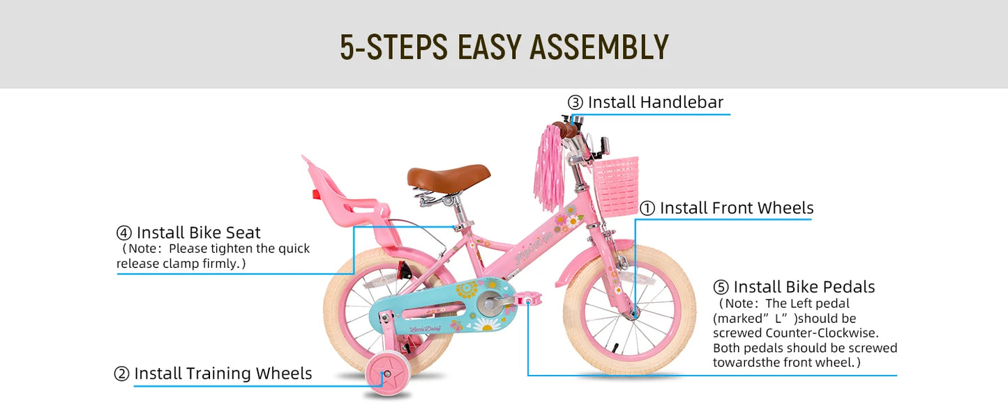 JOYSTAR Kids Bike 2-7 Years, 12 14 16" Girls Bike w/Doll seat, Boys Bike w/ Flag & Plate