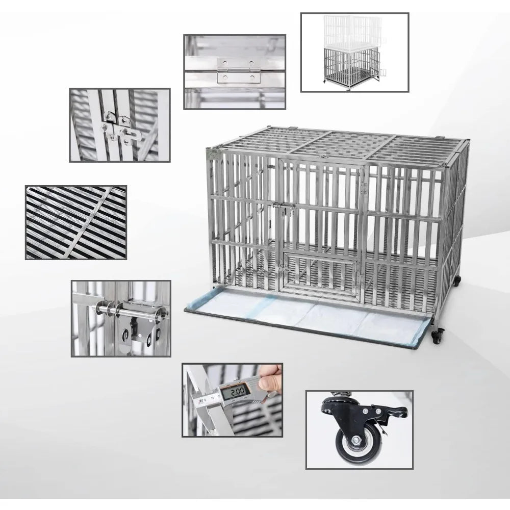 48" Stackable Heavy Duty Pet Stainless Steel Kennel Cage for Large Dogs with Tray in-Door Foldable