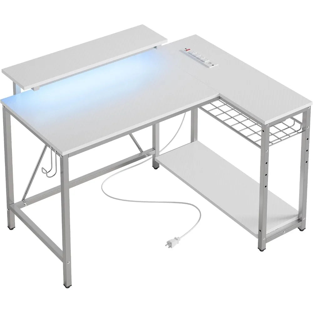 Bestier Small Gaming Desk w/Power Outlets,42 L Shaped LED Computer Desk w/Stand Reversible Shelves