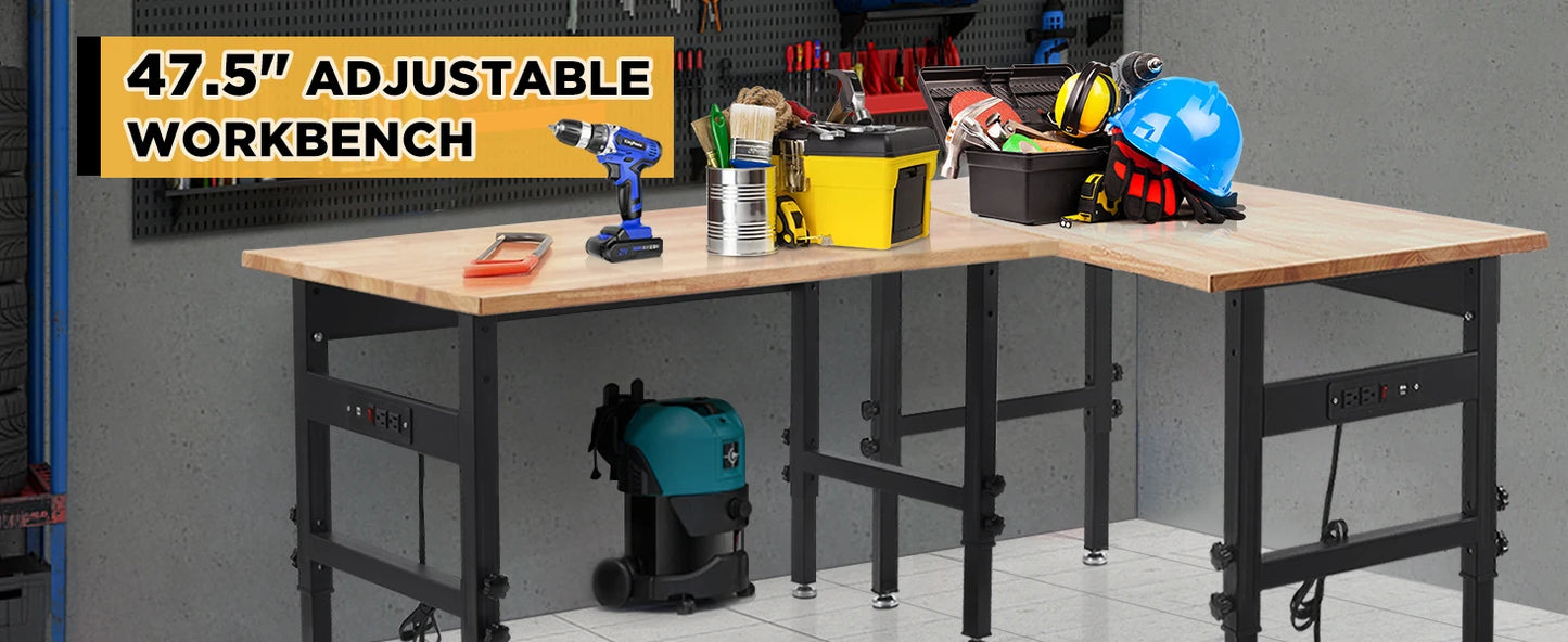 Work Bench Garage w/Power Outlets, 2200 Lbs Capacity Hardwood Top Workbench Table Heavy-Duty