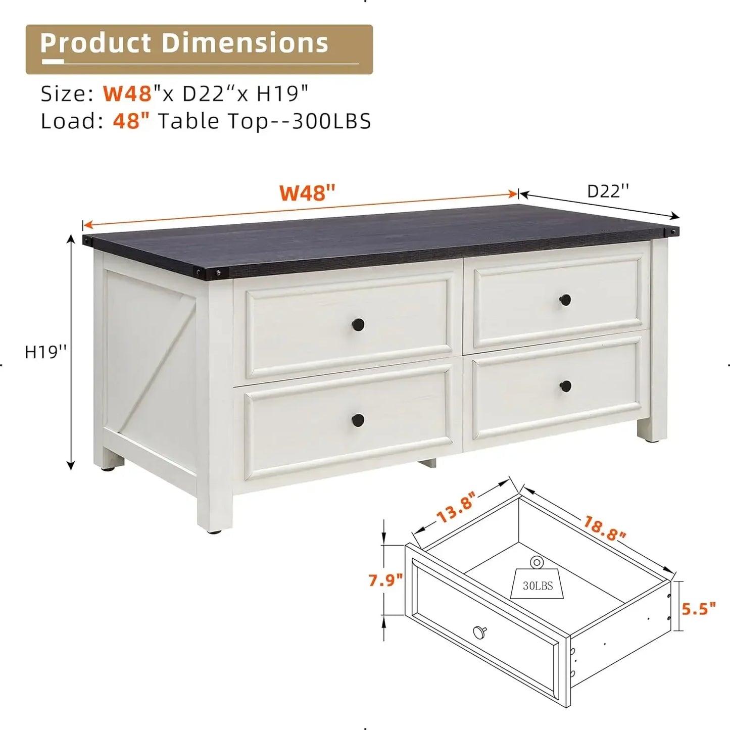 48” Farmhouse Coffee Table with 4 Large Storage Drawers, Modern Center Table & Barn Door