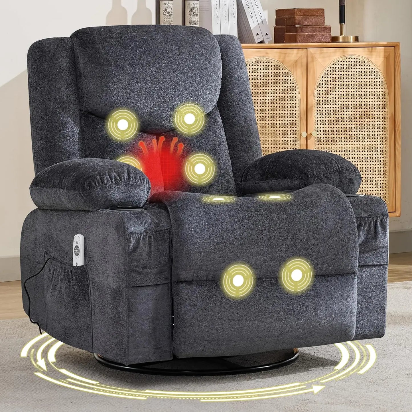 Swivel Recliner Chair for Adults,Oversized Rocker Recliner w/Massage and Lumbar Heat,Rocking Chair