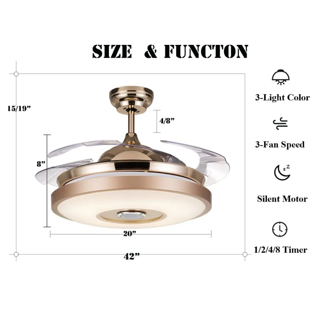 Smart Ceiling Fan/Light, Bluetooth Speaker Chandelier/ Retractable Blades Fandeliers w/Remote