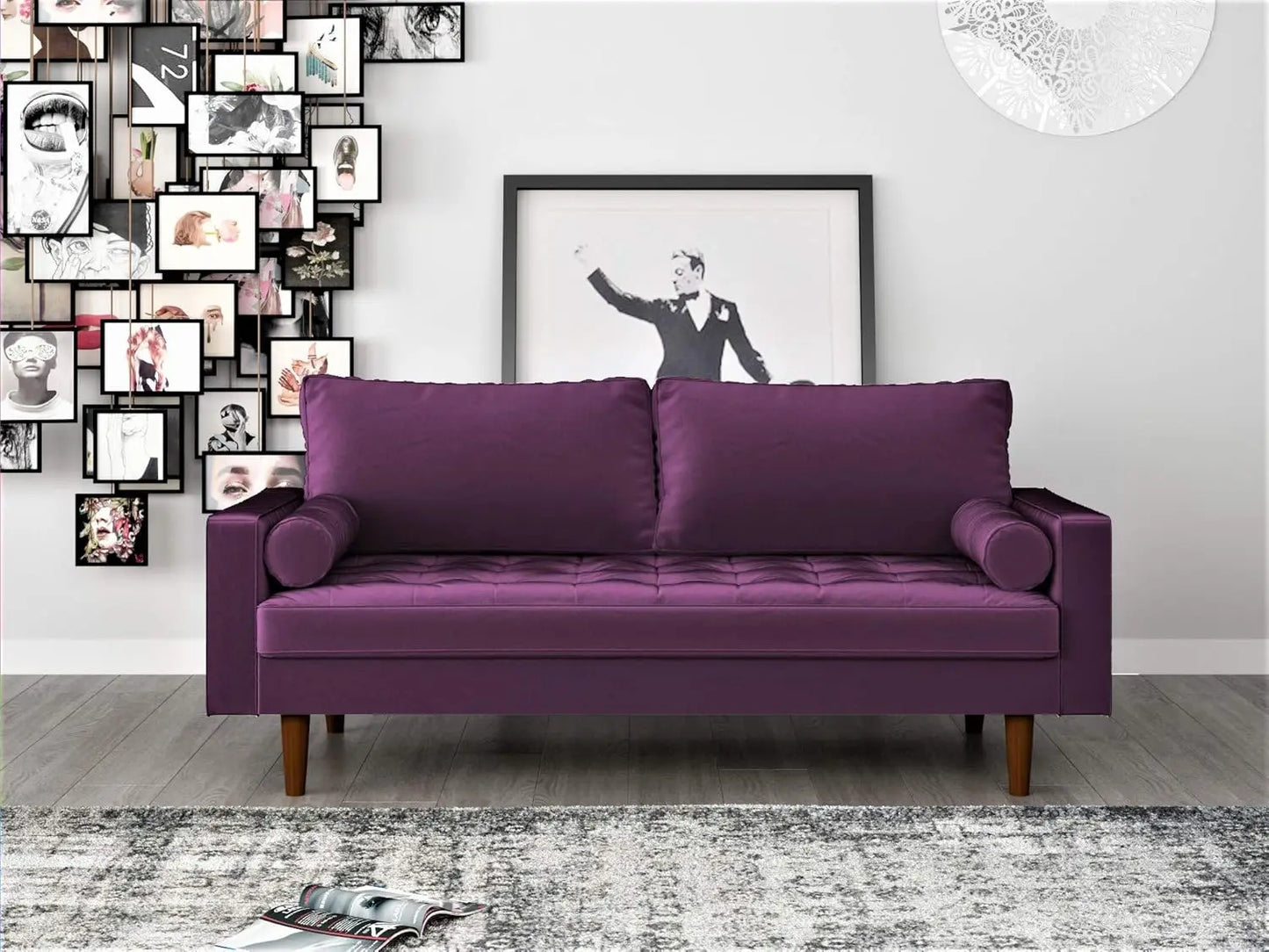 Container Furniture Direct S5456 Mid Century Modern Velvet Upholstered Tufted Sofa, 69.68"