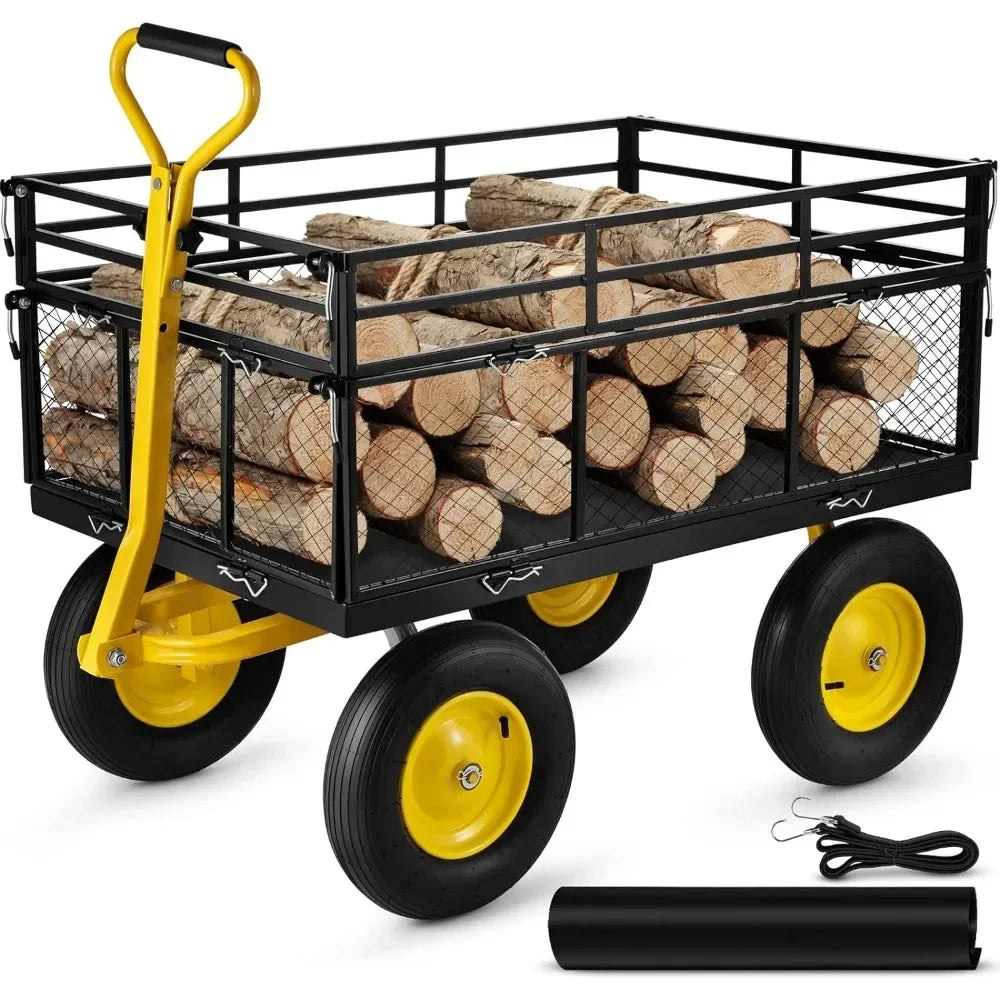 VEVOR Camping Wagon Heavy Duty Steel Garden Cart 900 LBS Wagon W/ Steel Mesh Removable Sides