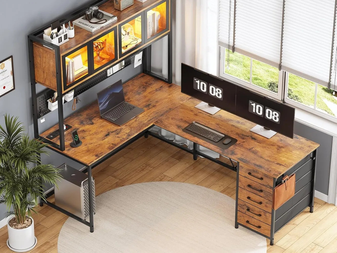 SEDETA L Shaped Gaming Desk with Drawers, L Shaped Computer Desk with Hutch and Storage Shelves