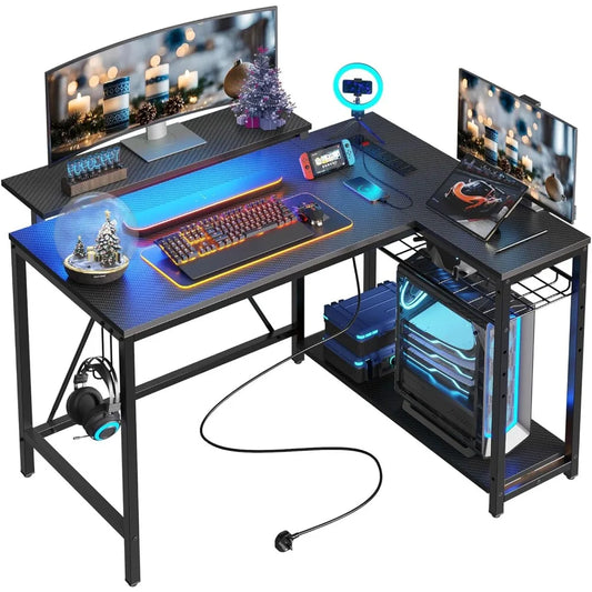 Bestier Small Gaming Desk w/Power Outlets,42 L Shaped LED Computer Desk w/Stand Reversible Shelves