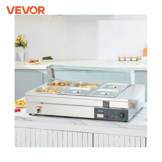 VEVOR Commercial Food Warmer w/ Tempered Glass Cover Electric Steam Table Countertop Stainless Steel