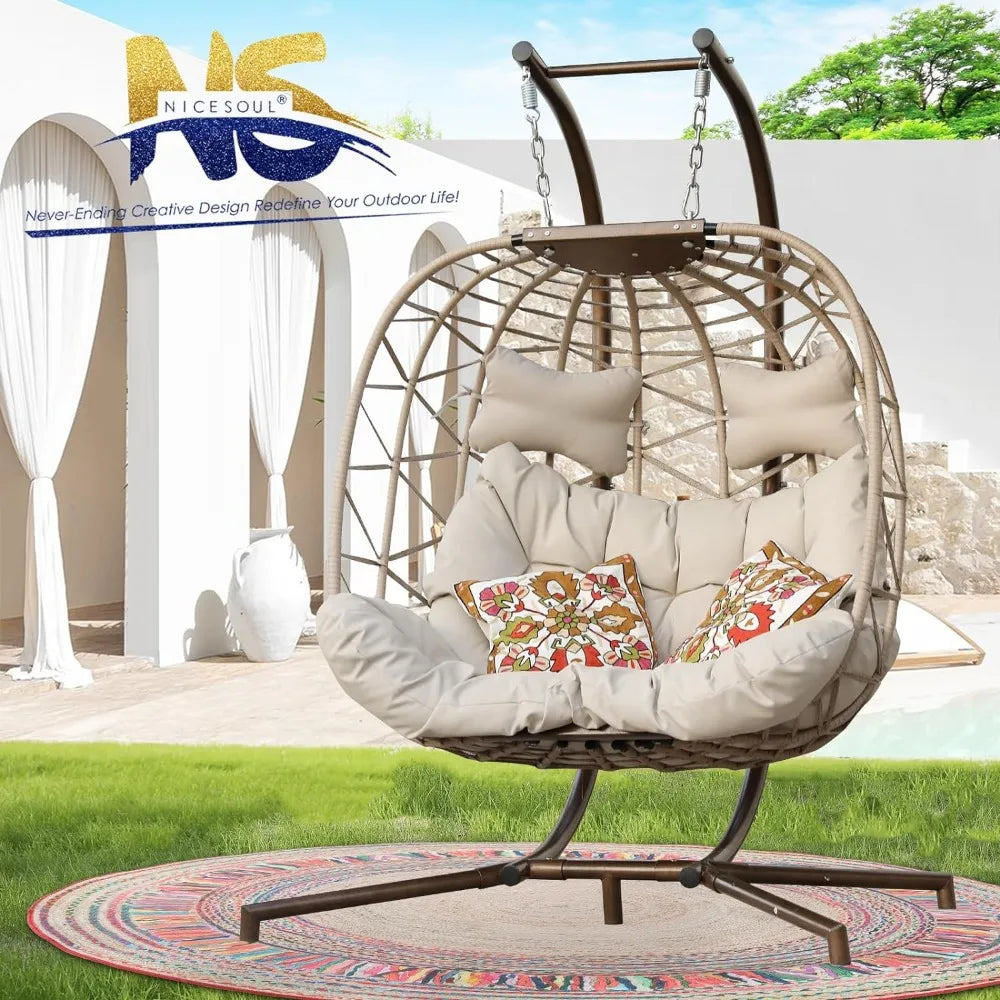 Double Swing Egg Chair with Stand Large 2 Person Indoor Outdoor Wicker Patio Twins Basket Chair