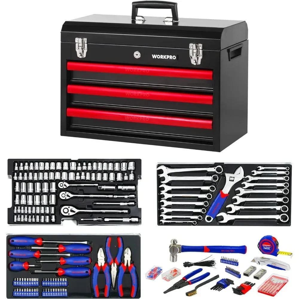 WORKPRO 408-Piece Mechanics Tool Set, Home Repair Tool Kit with 3-Drawer Heavy Duty Metal Box,