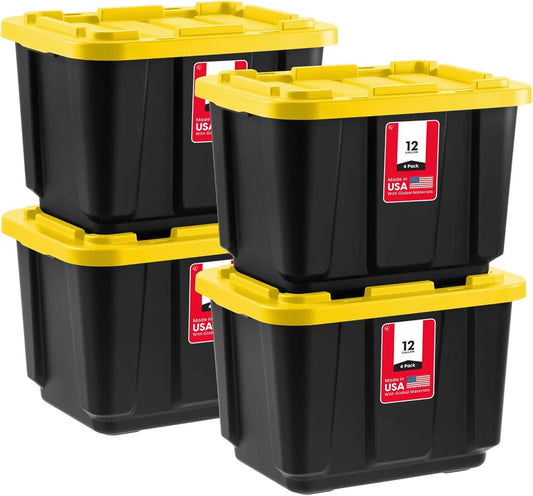 USA 4-Pack 12 Gallon Storage Bins with Lids |Made in USA| Heavy Duty Plastic Tote Containers
