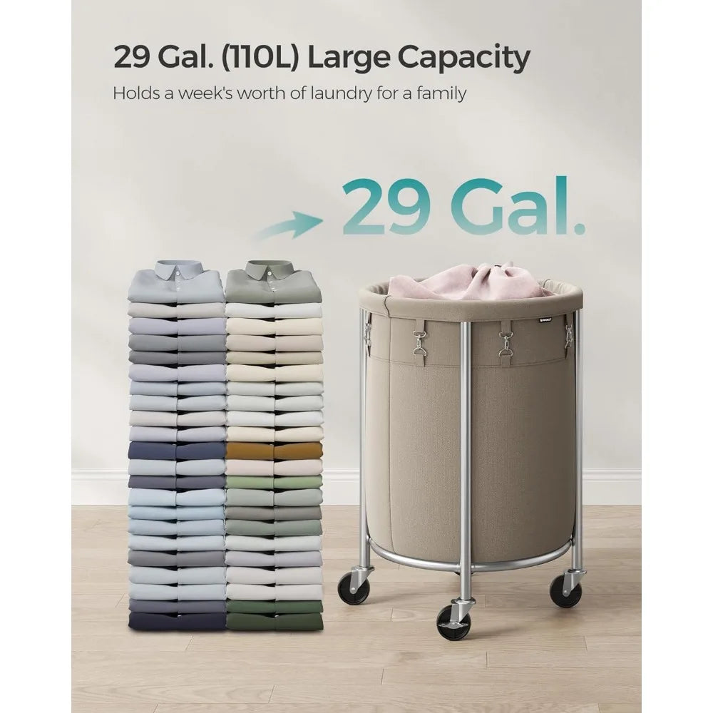 SONGMICS Laundry Basket with Wheels, Rolling Laundry Hamper, 29 Gal w/ Steel Frame and Removable Bag