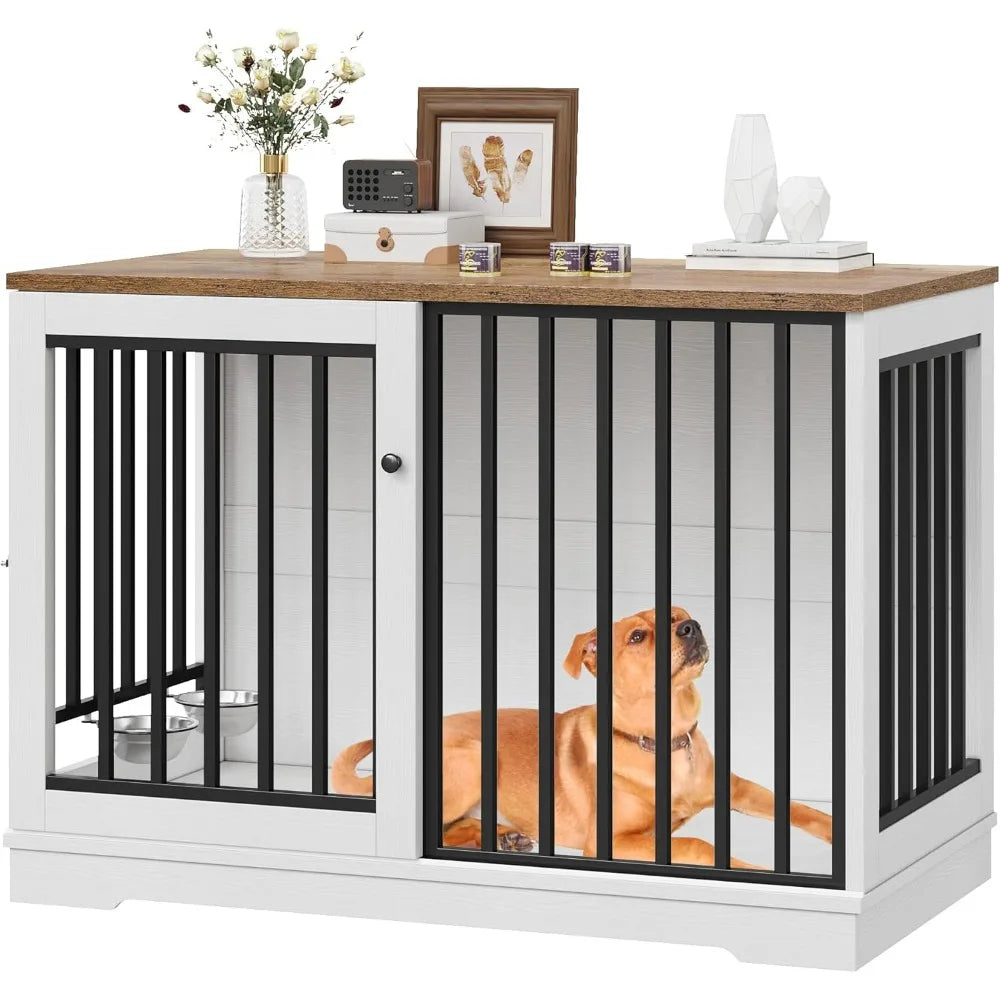 47 Large Dog Crate Furniture, Heavy Duty Dog Kennel Indoor with Sliding Door and 2 Adjustable Bowls