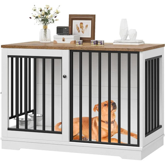 47 Large Dog Crate Furniture, Heavy Duty Dog Kennel Indoor with Sliding Door and 2 Adjustable Bowls