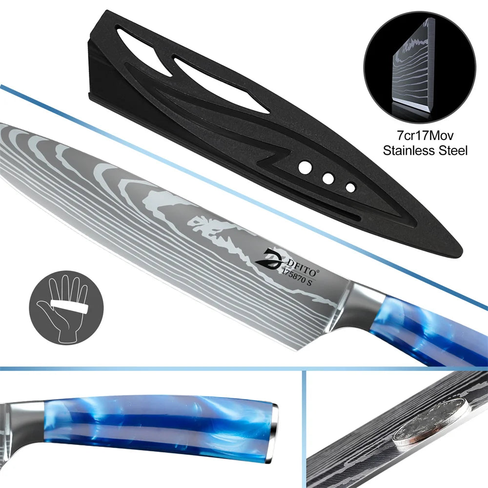 8pcs Kitchen Knife Damascus Stainless Steel Chef Knife / Santoku Knives With Nylon Bag