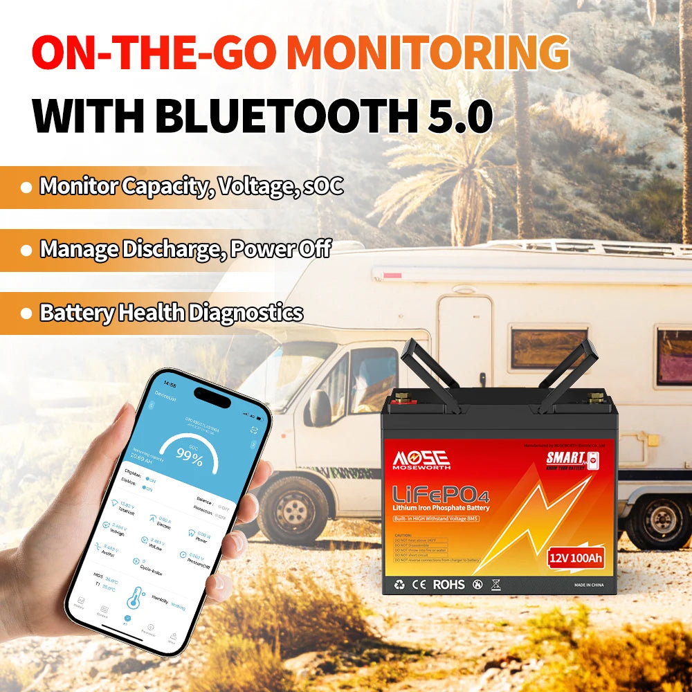 12V 24V LiFePO4 Battery w/Bluetooth 100Ah 140Ah 168Ah Lithium Iron Phosphate Battery Rechargeable