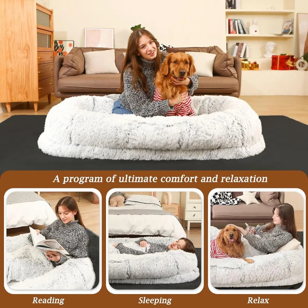 Human Dog Bed, 71"x45"x12" Orthopedic Washable Humans Size Dog Bed Fits People, Faux Fur Plush