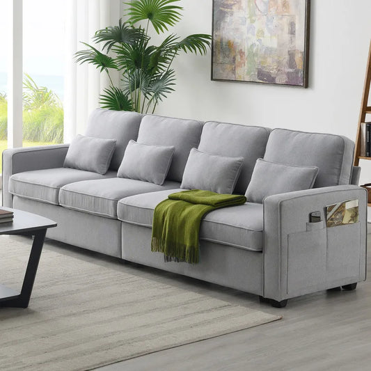 grey 104"4-Seater Modern Linen Fabric Sofa with 4 Pillows,Armrest Pockets