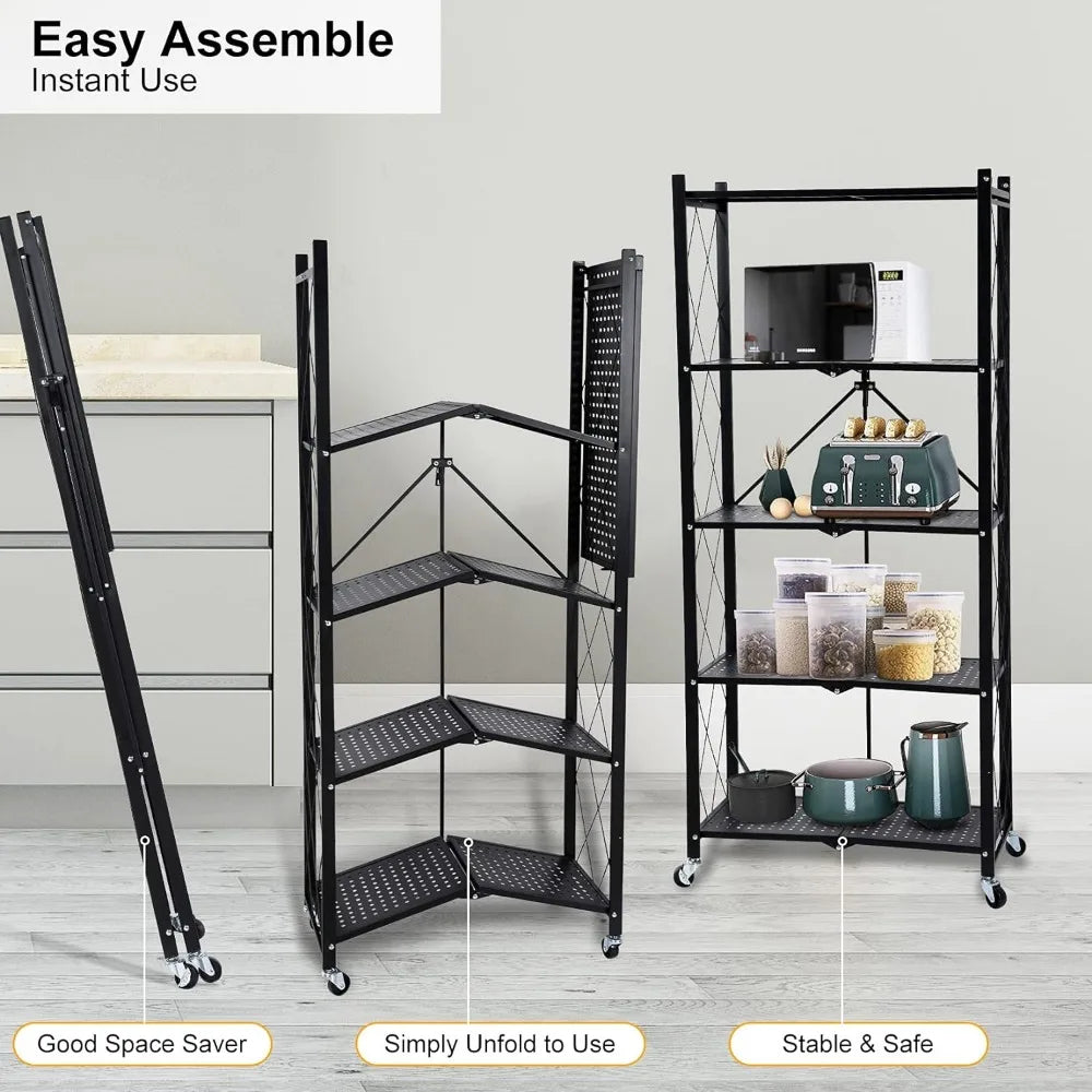 5-Tier Heavy Duty Foldable Metal Rack Storage Shelving Unit With Wheels Moving Easily Organizer