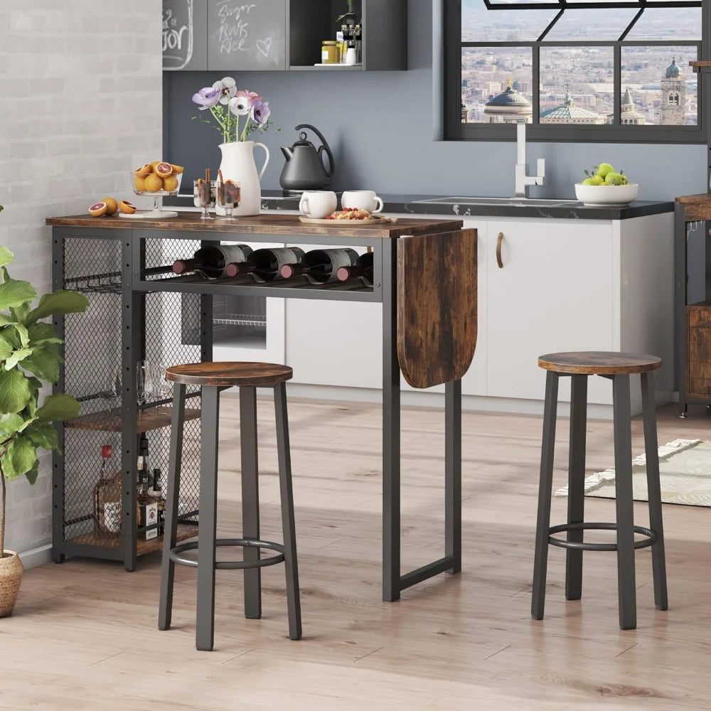 Bestier Bar Table and Chair Set, Expandable Dining Table w/2 Bar Stools, Industrial Kitchen Counter