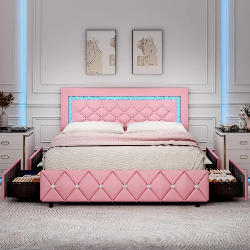Full Size Bed Frame/LED/Drawers, Princess Platform Bed/Diamond Headboard and Footboard, Upholstered