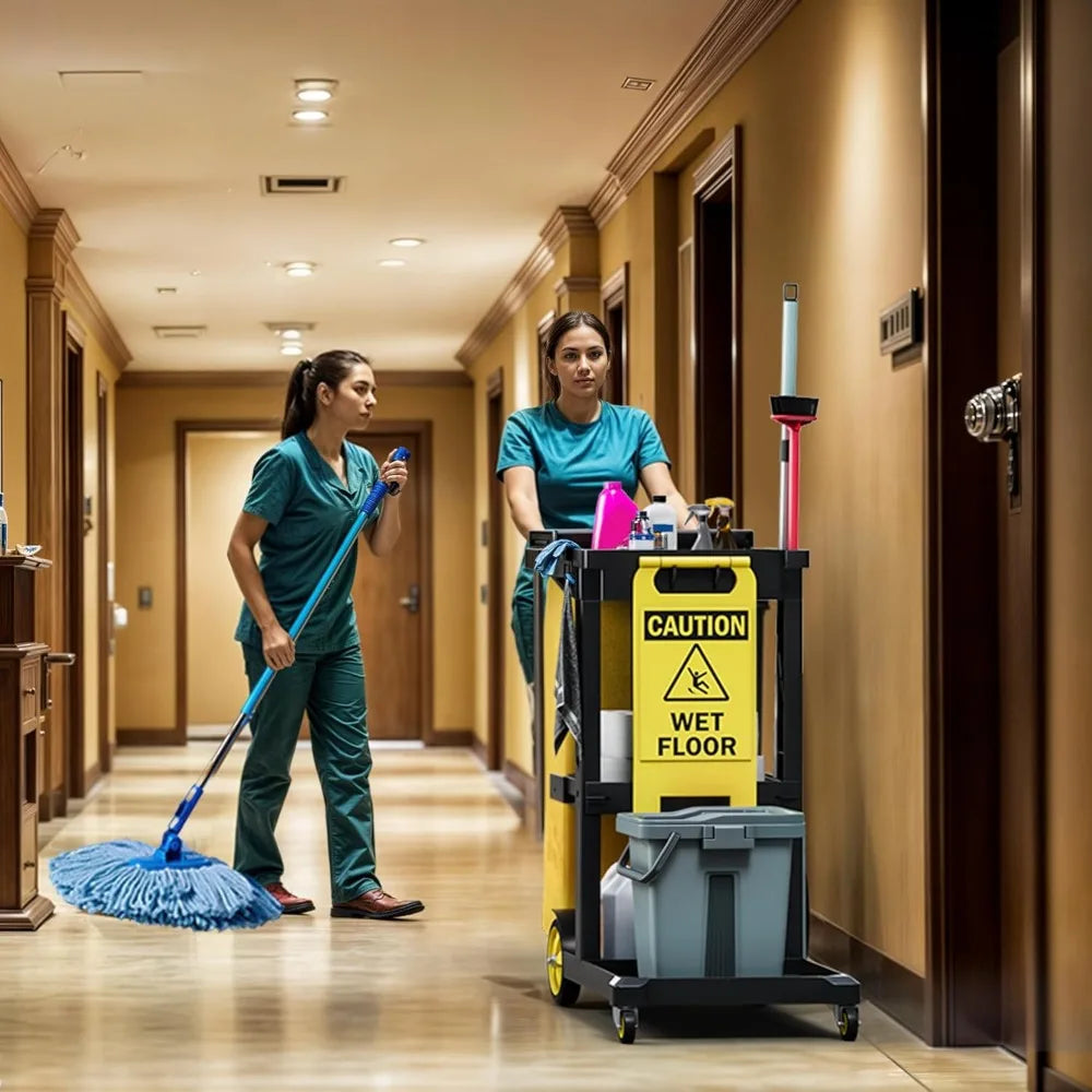three-shelf traditional plastic janitorial cleaning cart with two yellow shelves for commercial