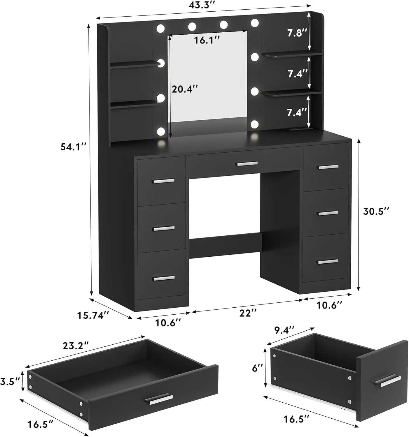 Vanity Desk with LED Lighted Mirror&Power Outlet, 3 Model Lights w/ 7 Drawers and 6 Storage Shelves