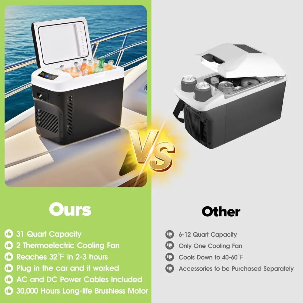 12V 31 Quart Car Refrigerator Portable Electric Cooler and Warmer W/ AC DC Power Cords