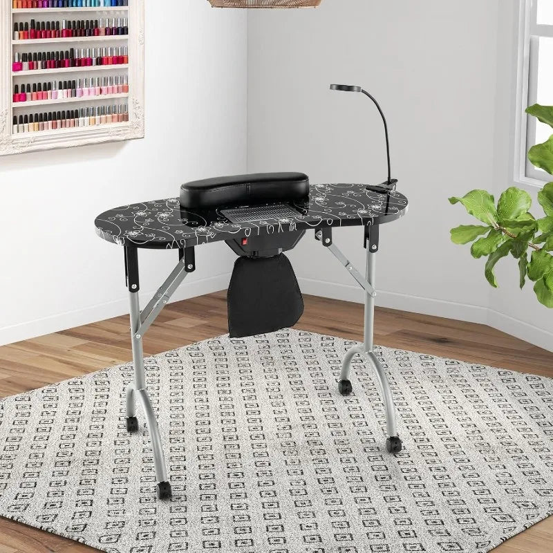 Portable Nail Table, Foldable Nail Technician Desk w/Electric Dust Collector, Bendable LED Lamp